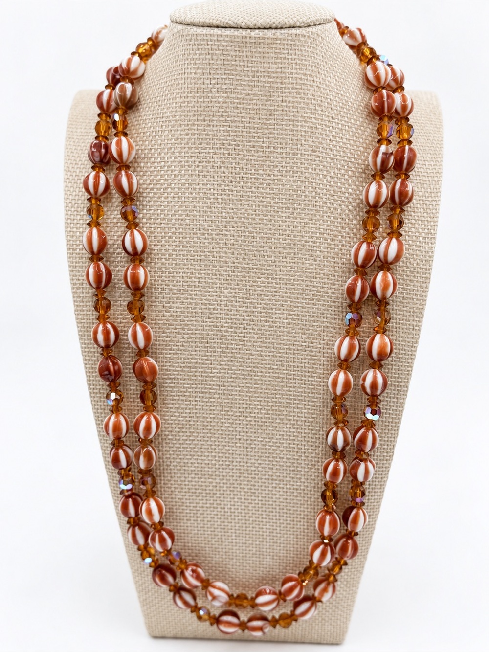 Double Strand Amber Brown Glass Bead Necklace - Women Jewelry
